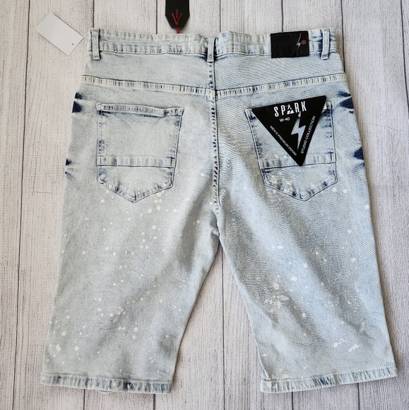 Plus Size Men Light Blue Distressed Denim Biker Shorts - Skinny Fit - Picture 7 of 15